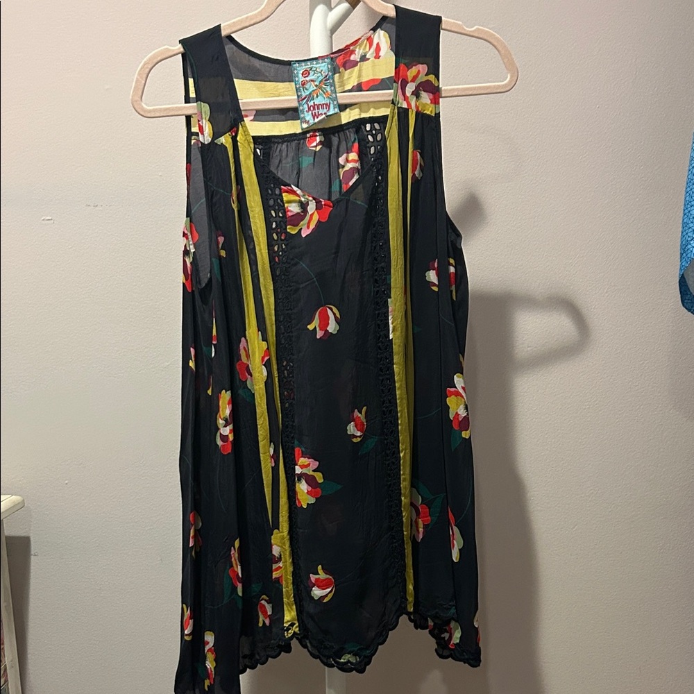 Johnny Was Black Floral Tank Top with Yellow and Red Accents